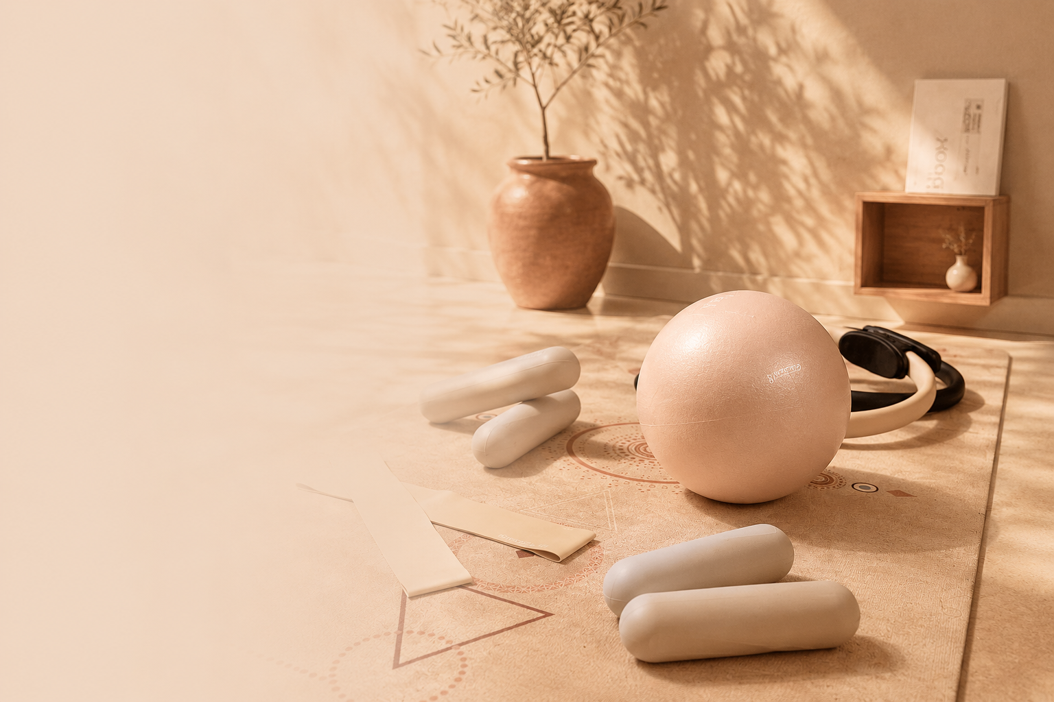 Ambiance Saela Pilates avec vase, panier et tapis